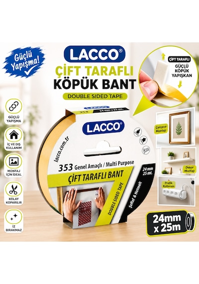 Lacco Çift Taraflı Köpük Bant 24 Mm X 25 M Güçlü Yapışkanlı Montaj Bandı Çok Amaçlı Beyaz 1 Adet