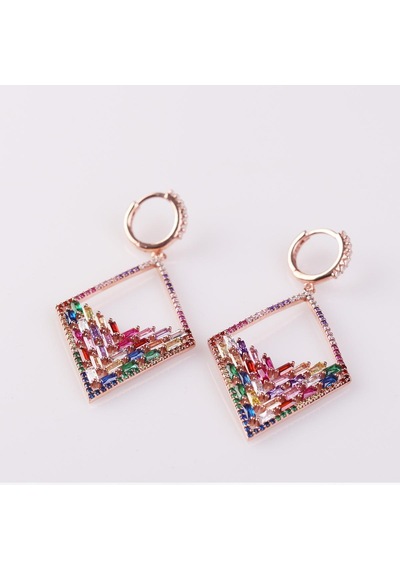 Renkli Baget Taşlı Rose Gold Kaplama Gümüş Küpe Gümüş
