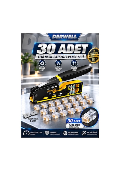 3in1 Rj45 Cat6 Konnektör Seti 30 Adet Paket - Altın Kaplama Network Ezme Jakı - İnternet Ve Ethernet Utp Kablo Başlığı - Yüksek Hızlı Veri İletimi Uyumlu - Profesyonel Ağ Kurulumu Modeli Jak Seti