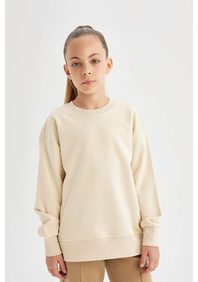 Defacto Kız Çocuk Relax Fit Bisiklet Yaka Pamuklu Basic Düz Okul Sweatshirt A2797A824AUBG286 Bej