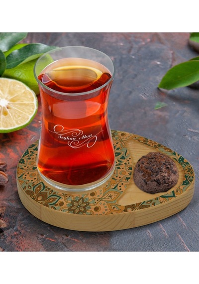 Kişiye Özel Retro Motif Tasarımlı Doğal Ahşap Tabaklı Heybeli Çay Bardağı Sunum Seti Model 11