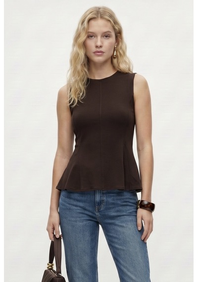 Ritnice Kadın Rowe %100 Pamuk Peplum Sıfır Kol Kahverengi Bluz