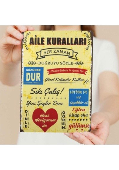 Aıle Kuralları Ahşap Duvar Ve Kapı Süsü- Retro Ahşap Pano 28 X 20