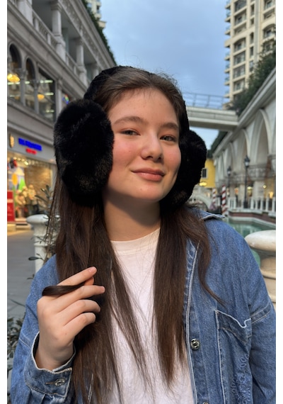 Mollycrush Genç Siyah Peluş Kulaklık Uniseks Kışlık Yumuşak Kulak Koruyucu Siyah