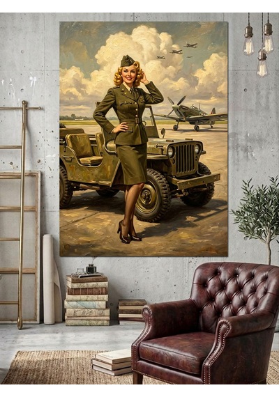 Askeri Üniformalı Pin-up Kadın Jeep Yanında Dekoratif Kanvas - Mdf Ahşap Tablo Çok Renkli
