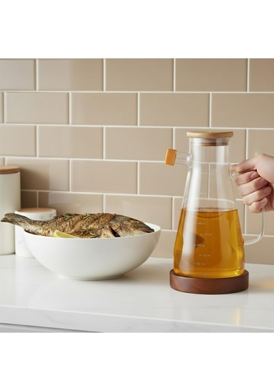 Amberhaus Kesten 900 Ml Cam Yağdanlık Ahşap Kapaklı Ve Altlıklı Şeffaf, Pratik Mutfak Yağ Ve Sirke Şişesi