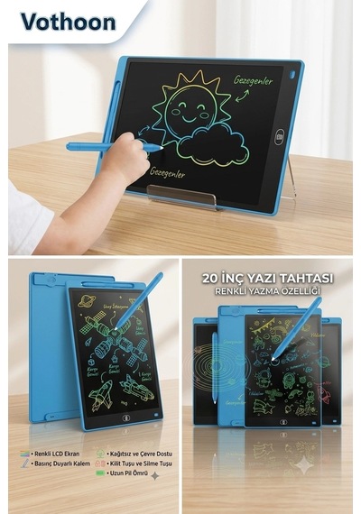 20 Inc Renkli Lcd Grafik Dijital Kalemli Çizim Tableti Yazı Tahta Not Yazma Eğitim Tableti Mavi