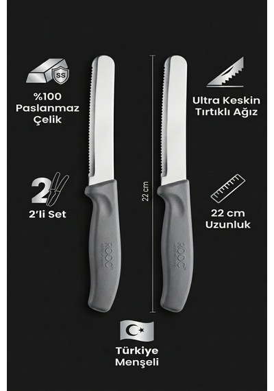 Makri Home Makri Home 2'li Ultra Keskin Tırtıklı Bıçak Seti, Gri 22 Cm Paslanmaz Çelik