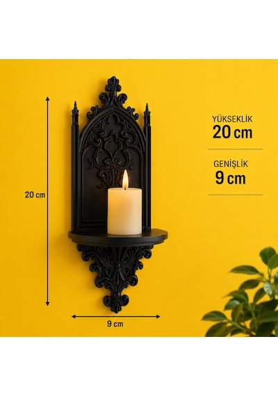 Gotik Katedral Duvar Şamdanlığı Dekoratif Mumluk Duvara Monte Gotik Duvar Dekoru 20x9 Cm Siyah