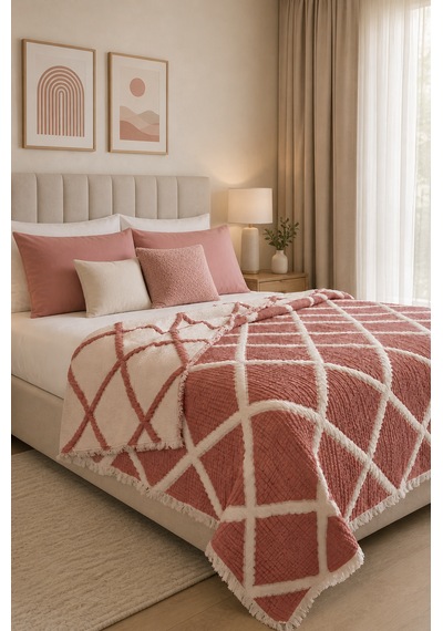 Premium Geometrik Kare Desenli %100 Pamuk Müslin Çift Taraflı Yatak Örtüsü Pike 220x240 Çift Kişilik Kiremit