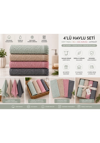 Pamuklu Mutfak Havlusu 4'lü Set 30x50 Cm El Ve Kurulama Havlusu Yumuşak Emici Çok Amaçlı Mint