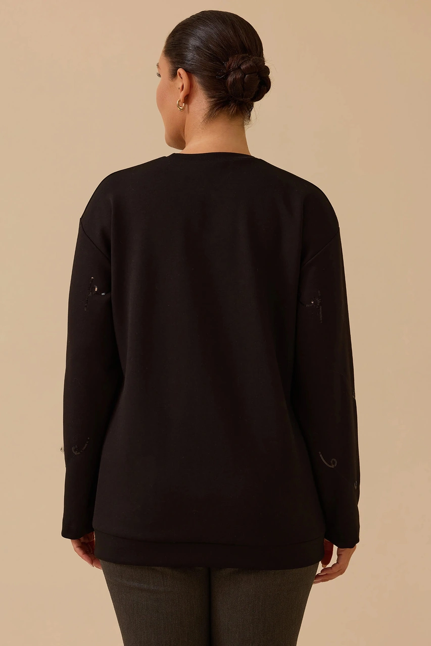 Galaxi Kadın Büyük Beden Nakış Detaylı Boncuklu Sweatshirt 4005 Siyah Siyah