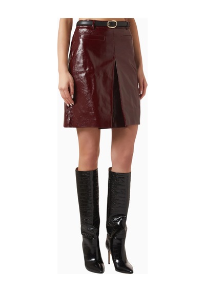 Self-portrait Self - Portrait Belted Lamb Leather Mini Skirt, Parlak Kuşaklı Deri Etek Bordo