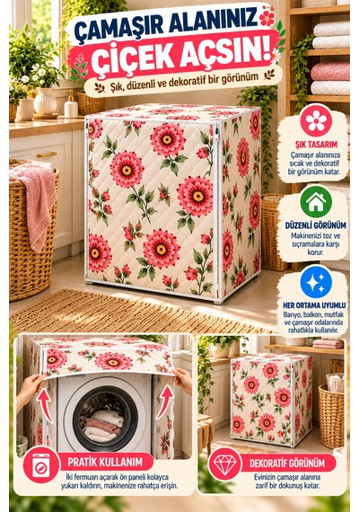 Çiçek Desenli Çamaşır Makinesi Örtüsü Kapitone Fermuarlı Koruyucu Kılıf 63x58x84 Cm Pembe Beyaz Renk