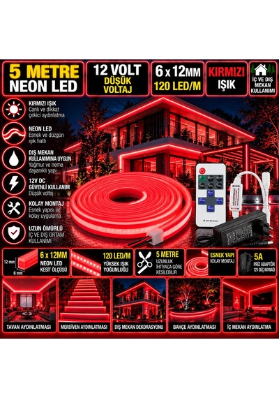 5m 12v 6x12mm 120 Led Kırmızı Neon Led 5a Priz Adaptör 12a Tek Renk Kumandalı Rf Dimmer Set