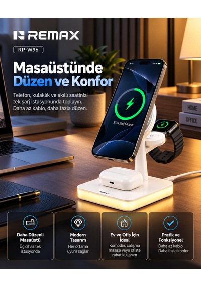 33w Aydınlatmalı 3 Ü 1 Arada Kablosuz Şarj Cihazı