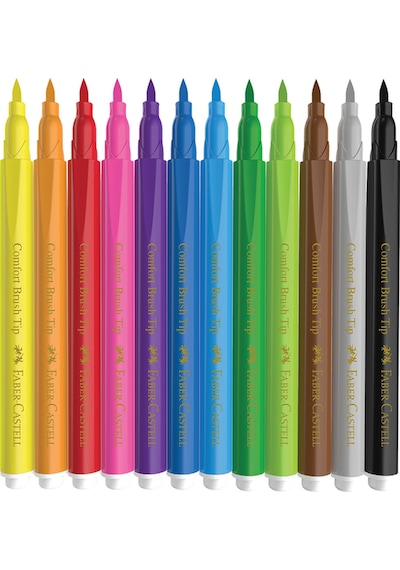 Faber-Castell Comfort Fırça Uçlu Keçeli Kalem 12 Renk,Yıkanabilir, Ergonomik ve Çevre Dostu Tasarım