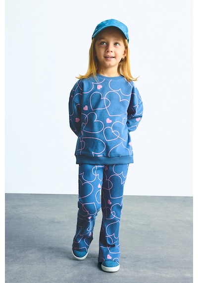 Defacto Kalp Desenli Bisiklet Yaka Sweatshirt Esnek Belli İspanyol Paça Alt 2li Takım Kız Bebek I3663a526wnbe341 Mavi-be341