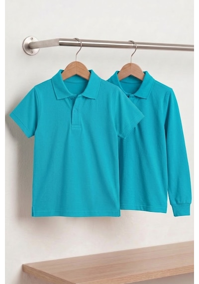 Nacar Store Unisex Çocuk Uzun Ve Kısa Kollu Polo Yaka Okul Tişörtü 2'li Set Turkuaz