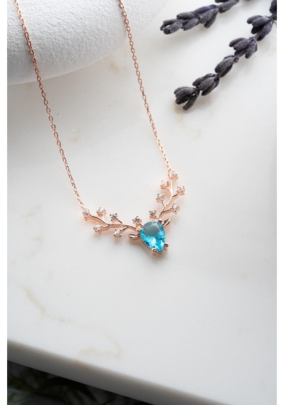 925 Ayar Gümüş Rose Kaplama Aquamarin Taşlı Ren Geyiği Model Kolye Rose Gold