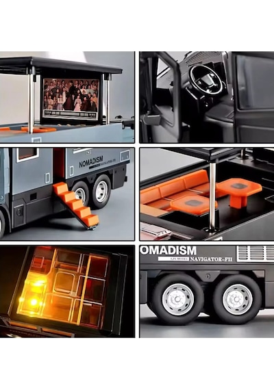 Motosikletli Karavan Kamyon Modeli - 23 Cm Sesli Işıklı, Açılabilir Tavanlı Çek Bırak Metal Kamp Oyuncağı
