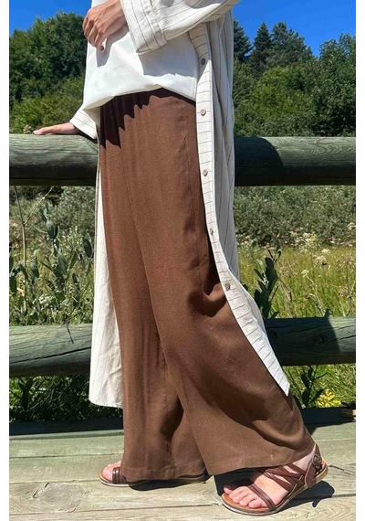Rabia Şamlı Kahve Keten Pantolon Normal