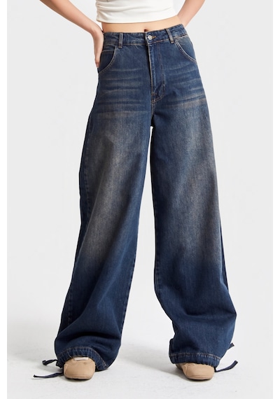 it's basic Kadın T.kot Rengi 2w5-8 Straight Palazzo Fit Paçası Bağcıklı Süper Bol Kesim %100 Koton Denim Jean