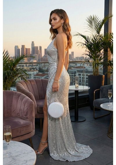 Vivazzaluxe Modern Yuvarlak Model Simli Düğün Nişan Gelin Kadın Abiye Clutch Çanta Beyaz