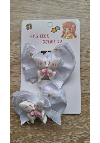 Kız Çocuk İkili Kelebek Lastik Toka Beyaz
