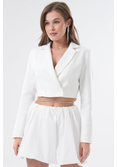 Saade Sââde Kadın Regular Fit Kruvaze Kapama Dokuma Crop Blazer Ceket -şık & Spor Beyaz