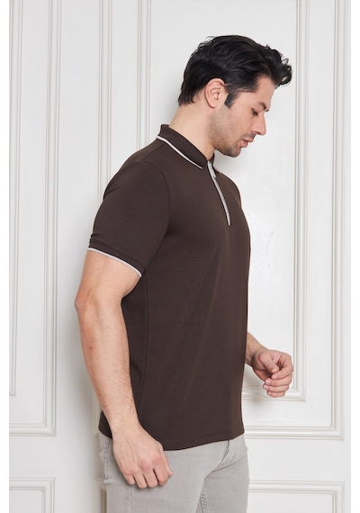 Erkek Jeuss Oysho Kumaş Fermuarlı Yakalı Kahverengi Tshirt