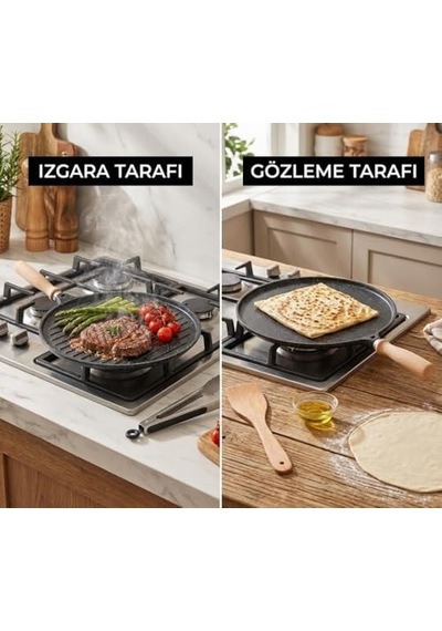 34 Cm Granit Döküm Çift Taraflı Gözleme Ve Izgara Tavası Bazlama Tavası Çıkarılabilir Saplı Fırın Tepsisi Olarak Kullanılabilir