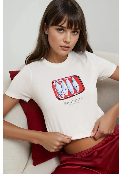 Hiccup Baskı Detaylı Regular Fit Bisiklet Yakalı %100 Pamuklu Crop T-shirt Buz Mavi