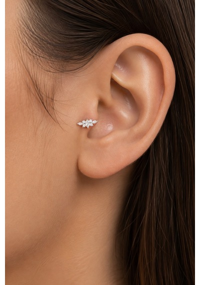 Sertifikalı 316l Çelik Markiz Ve Yuvarlak Taşlı Simetrik Premium Gümüş Renk Helix Piercing