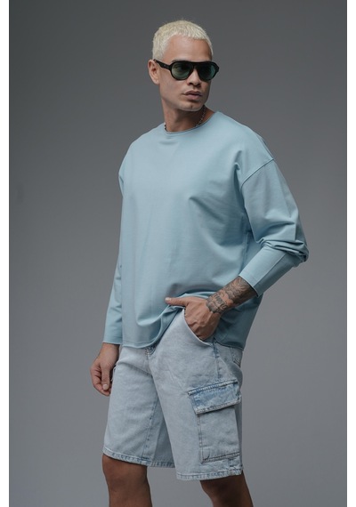 Pis Yaka Oversize Kalıp Düz Sweatshirt Mavi