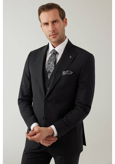 Erkek Siyah Slim Fit Sivri Yaka Yelekli %100 Yünlü Takım Elbise