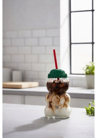 Morponi Pinterest Stil Fenomen Yeşil Şapkalı Matara Pipetli Matara 500 Ml 1 Adet Şeffaf Cam