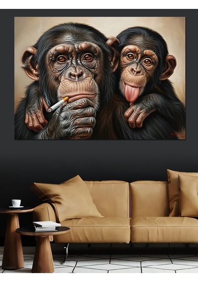 Sigara İçen Maymun Ve Ve Dil Çıkaran Yavrusu Dekoratif Kanvas - Mdf Ahşap Tablo