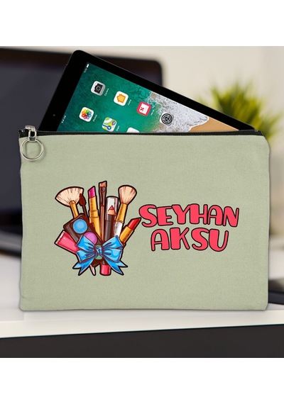 Bk Gift Kişiye Özel İsimli-3 Mint Yeşili Tablet Çantası 30x21cm, Ipad Çantası, Baskılı Tablet Kılıfı Yeşil