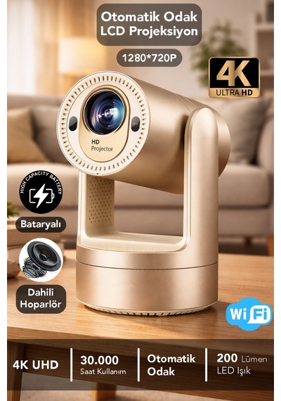 Bataryalı Otomatik Odaklı Projektör - Android Wifi 4k Destekli Ev Sineması Taşınabilir Projeksiyon