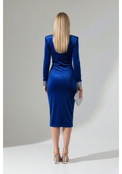 Defymoda Kadın Modern Vatkalı Midi Elbise Mavi