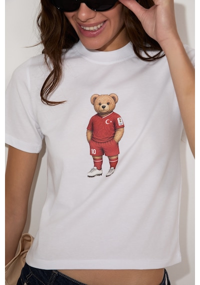 Grımelange Umayana Kadın Yumuşak Ve %100 Organik Pamuklu Dünya Kupasına Özel Baskılı Beyaz T-shirt