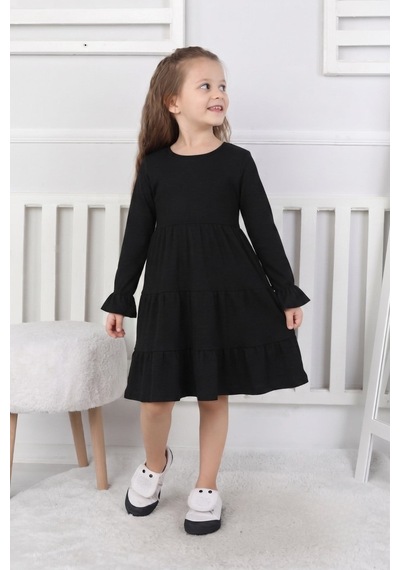 New Kids Kız Çocuk Uzun Kol Elbise Kol Fırfır Manşetli Etek Fırfır Detaylı Syh Yeni Sezon -91239 Siyah