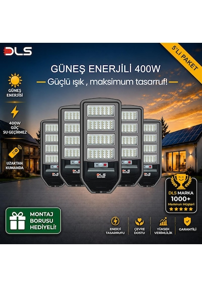 5'li Paket Dls 400w Güneş Enerjili Solar Sokak Lambası Hareket Sensörlü Led Bahçe Aydınlatması