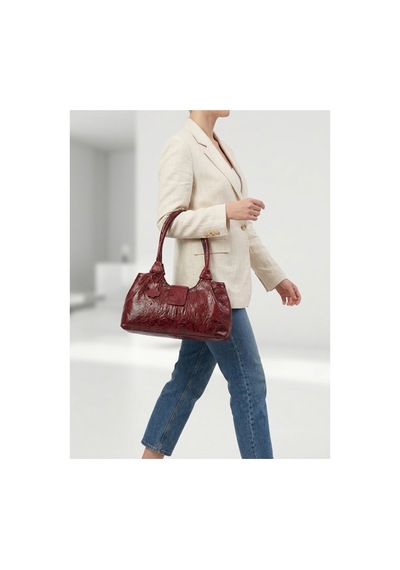 Levano Leather Premium Hakiki Dana Derisi Kadın Bordo Omuz Çantası - Parlak Dokulu Şık Ve Günlük Deri Çanta Kırmızı