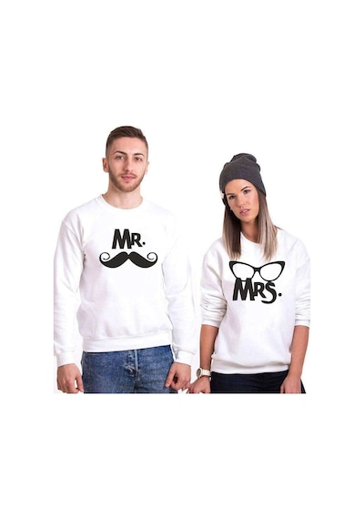Tshirthane Mr. Mrs. Bıyık Gözlük Sevgili Unisex Sweatshirt Kırık Beyaz