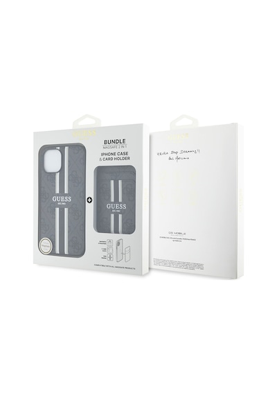 Apple Uyumlu iPhone 15 Kılıf Guess Lisanslı Magsafe Şarj Özellikli 4g Desenli Çizgili Kartlıklı Kapak Siyah
