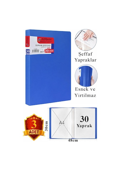 Mavi Sunum Dosyası 30 Lu 3 Adet Poşet Dosyalı Katalog Dosyası 30 Poşetli Kendinden Dosya Plastik Kapaklı Diğer