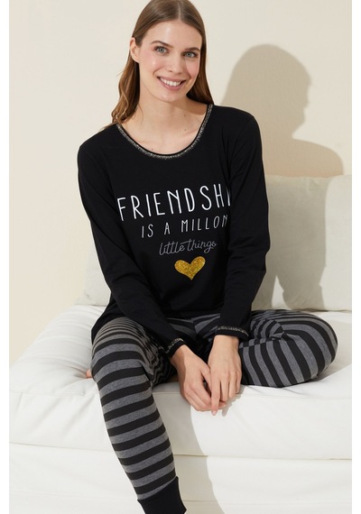 Siyah İnci Pamuklu Örme Pijama Takım 24240131 Siyah