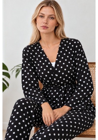 Kadın Desenli Ev Stili Kuşaklı Siyah Pijama Takımı 4806